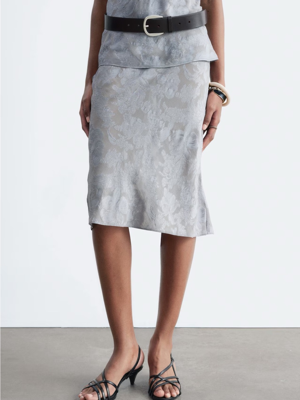 & Other Stories Silver Floral Jacquard Midi Skirt